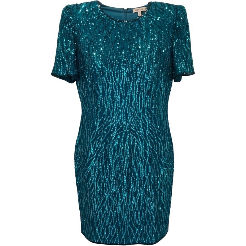 Stenay Vintage Teal Blue Sequin Beaded Silk Cocktail Dress Short Sleeve Size 12
